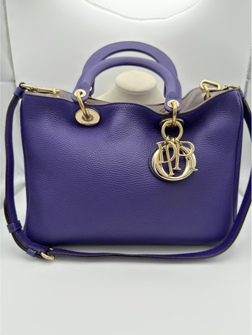 Authentic Christian Dior Diorissimo Tote in Purple Grained Leather COA Strap